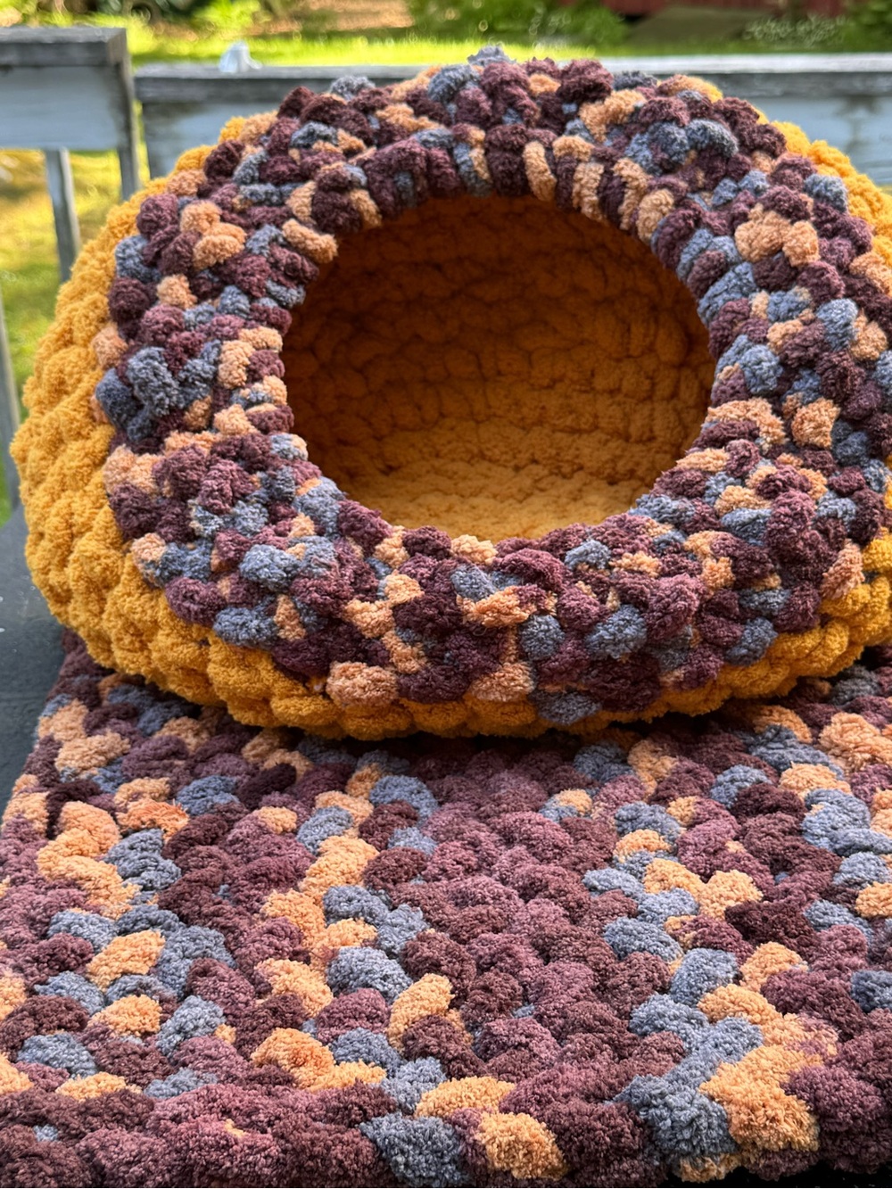 Cozy Plush Cat Cave & Mat in Mustard, Brown & Gray